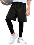 Haloumoning Boys Sports Leggings with Shorts Kids 2 in 1 Running Workout Athletic Legging Pants 5-14 Years Black