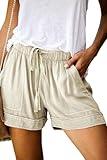 Wielsscca Womens Drawstring Shorts Trendy Summer Elastic Waist Cute Casual Cotton Lightweight with Pockets Q-Khaki L