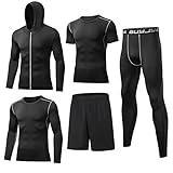 BUYJYA 5Pcs Men's Compression Pants Shirt Top Long Sleeve Jacket Athletic Sets Gym Clothing Mens Workout