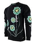 SCREENSHOT-F11351 Mens Urban Hip Hop Premium Streetwear Fleece Top - Flower Embroidery Patch Street Fashion Crewneck Pullover Sweatshirt-Black-Medium