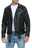 Fahsyee Leather Jackets for Men, Faux Bomber Jacket Mens Motorcycle Lapel Asymmetric Zip-Up Belt Slim Fit Biker Coat Black XL