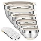 Fyrnova Mixing Bowls with Lids Set, 6 Piece Stainless Steel Nesting Storage Bowls for Kitchen, with 3 Grater Attachments & Non-Slip Bottoms, Size 5.5,3.5,2.5,2.1,1.5,1.1 QT