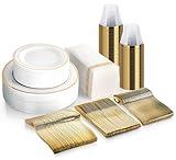 350 Piece MCIRCO Gold Dinnerware Set - 100 Plastic Plates - 50 Plastic Silverware - 50 Cups - 50 Paper Napkins, 50 Guest Disposable Gold Dinnerware Set