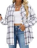 IN'VOLAND Womens Plus Size Flannel Plaid Soft Flannel Button Down Shirt Roll Up Long Sleeve Flannel Plaid Shirt Blouses White