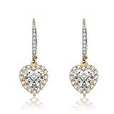 Lux and Glam 14K Yellow Gold-Plated Heart Halo Drop Earrings with Simulated Diamond CZ | Bridal Leverback Dangle Earrings | Hypoallergenic & Elegant Jewelry for Women