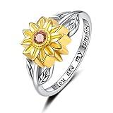 Sunflower Cremation Urn Ring for Ashes - Sterling Silver Gold Flower Keepsake Rings to Hold Ashe, Sympathy Gifts for Loss of Loved Ones or Pets Engraved, Size 6-9