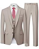 MY'S Men's 3 Piece Slim Fit Suit Set with Tie, 2 Button Blazer Jacket Vest & Pants, Business Wedding Party Prom Suit for Men Beige Small