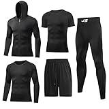 JULY'S SONG Workout Set for Men 5 Pieces Dry Quick Gym Clothes Sets with Shirt Pants Shorts Tights Jacket Athletic Compression Running Outfis Black