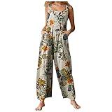 NAMTYQX 2025 Spring Summer Fashion Linen Overalls for Women Plus Size Fit Casual Floral Printed Linen Jumpsuits High Waist Wide Adjustable Bib Overall