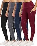 YOUNGCHARM 4 Pack Leggings with Pockets for Women,High Waist Tummy Control Workout Yoga Pants BlackDGrayNavyBurgundy-L