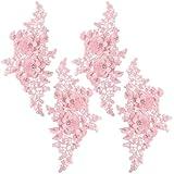 CABODYALS 4Pcs Pink Floral Embroidery Applique Beaded Flower Rhinestone Appliques 3D Polyester Lace Pearl Crystal Sew on Patches for Sewing Making Clothes Wedding Gowns Costumes Accessories Supply