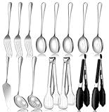 Serving Utensils Set for Partie, Silver Stainless Steel Metal Serveware Large Serving Spoons, Slotted Spoons, Forks, Tongs, Soup and Skimmer Spoon, Cake Server for Buffet, Catering, Entertaining 15pcs