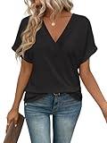 EyMuse Beach Vacation Essentials V Neck Short Sleeve T-Shirts Womens Tops Basic Tees Fashion Trendy Casual Summer Outfits Spring Clothes 2025 Dressy Black,XL