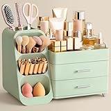 HBlife Makeup Organizer with Brush Holder for Vanity, Large Plastic Bathroom Countertop Organizer Skin Care Storage, Easy to Store Lipsticks, Nail Polishes, Perfumes, Eyeshadow Palettes, All Green