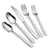 40-Piece Silverware Set, Silver Hammered Stainless Steel Flatware Sets for 8, Food-Grade Tableware Set, Including Fork Knife Spoon Set, Home Kitchen Cutlery Sets, Dishwasher Safe