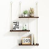 Fixwal Hanging Shelves for Wall, 3 Tier Boho Wall Decor Hanging Plant Shelf Floating Shelves Rope Rustic Wood Organizer Storage Hanger Rack for Aesthetic Home Bedroom Kitchen Bathroom - Dark Brown