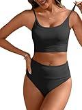ANRABESS Women High Waisted Bikini Sets Color Block Summer Beach Vacation 2 Piece Bathing Suit Tummy Control Ribbed Swimsuit Black Large
