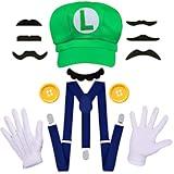 ratote Novelty Mari and Luigi Costume for Adult,Women and Men - Complete Halloween & Cosplay Accessory Set with Hat, Mustache, Gloves, Buttons, and Suspenders (Green)