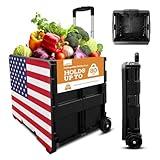 Inspired Living Collapsible Ultra-Slim Pack-N-Roll,2 Wheel Utility Cart w/Lid Used as Seat up to 250 Lbs, Telescopic Handle, Super Strong, for Home,Garden,Shopping,Office,School, Large, American Flag