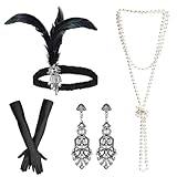 iHUFeather Women 1920s Flapper Set with Feather Headband Beaded Necklaces Earrings Black Gloves for Great Vintage Wedding Costume Accessories