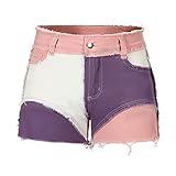 THUNDER STAR Womens Mid Rise Stretchy Patchwork Jeans Shorts Raw Frayed Hem Casual Denim Shorts Pink XXL