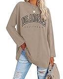 Fazortev Womens Oversized Long Sleeve T Shirts Los Angeles California Graphic Tees Loose Fit Casual Crew Neck Tunic Tops Khaki