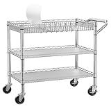 NTE Utility Cart with Wheels, 990lbs Capacity Metal 3 Tier Rolling Carts, NSF Kitchen Carts On Wheels with Storage, Heavy Duty Utility Cart with Handle & Wire Shelf for Indoor & Outdoor Use, Silver