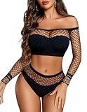 Avidlove Fishnet Lingerie Sexy Outfit for Women Lace 2 Piece Lingerie Sets Mesh Crop Top and Panty Set One Size Black