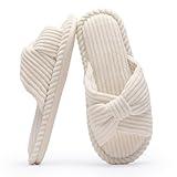 Chantomoo Slippers for Women Memory Foam House Womens Slipper Slides Home Bedroom Bathroom Spa Open Toe Corduroy Bow Slippers Cozy Comfortable Beige White Size 8.5 9 9.5 10