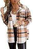 Trendy Queen Womens Flannel Shacket Casual Jacket Plaid Button Down Long Sleeve Shirt Fall Winter Outfits, Apricot, M