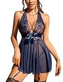 Avidlove Womens Halter Lingerie with Garter Lace Babydoll Chemise V Neck Sleepwear Navy Blue M