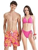 PATPAT Matching Swimsuits for Couples - Drawstring Waist Swim Trunks with Lining Board Shorts Him and Hers Bathing Suits Beach Vacation Hawaiian Swimwear Pink Golden Flower for Men L