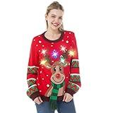 JOYIN Womens LED Light Up Christmas Sweater, Reindeer Christmas Ugly Sweater with Light Bulbs-Red