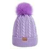 Kids Winter Beanie Hat, Children's Warm Fleece Lined Knit Thick Ski Cap with Pom Pom for Boys Girls (Purple)