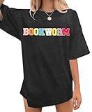 Book Lover Shirts Women Oversized Embroidered Bookworm Graphic T-Shirt Bookish Reading Shirt Book Lover Gift Tee Tops Grey