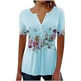Women Summer Tops for Women 2025 Trendy Boho Floral Print Tunic Shirts Short Sleeve Button v Neck Tshirt Casual Loose Blouse 3-Blue Spring Shirts for 2025 Trendy xx-Large