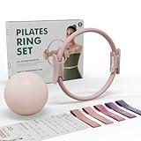 PAETA Pilates Ring Set – 14” Magic Circle (38 lbs Resistance), 9.8” Pilates Ball, 5 Resistance Bands, and Exercise Guide Included for Home Workouts(Pink)