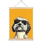 FITIE Trendy Sunglasses Coffee Dog Wall Art Poster Framed, Dog Room Home Decor, Funky Shih Tzu Puppy Canvas Wall Art Prints for Home Coffee Bar Station, 12x16 Inches