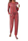 Ekouaer Women's Pajamas Sets Long Sleeve Pjs Soft Sleepwear O Neck 2 Piece Joggers Loung Set with Pockets Red Plaid Small