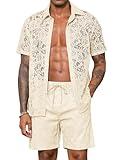 LecGee Mens See Through 2 Piece Outfits Lace Mesh Button Up Shirt Casual Hollow Out Shorts Summer Set(Beige,S)