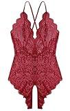 Women One Piece Lingerie Sexy Teddy Lingerie V Neck Sexy Bodysuit Lace Nightie (Wine Red, Medium)