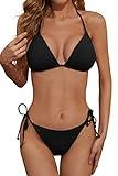 Zuvebamyo Women's Two Piece Bikini Swimsuit Sexy Ribbed Triangle Top Bathing Suits String Cheeky Bikini Sets Black M