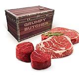 Grumpy Butcher Mignon & Ribeye Steak Gift in Treasure Chest Box for Men: 2 Filet Mignons (8 oz each) and 2 Ribeyes (14 oz each) - Holiday Food Gifts Basket & Custom Note