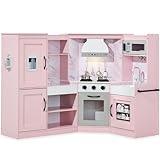 Best Choice Products Pretend Play Corner Kitchen, Ultimate Interactive Wooden Kids Playset w/Lights & Sounds, Ice Maker, Hood - Pink