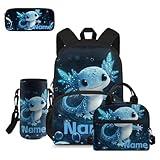 doginthehole Custom Name Backpack Blue Axolotl Personalized Schoolbag with Name for Boys Girls Kids 4 Pieces Customized Bookbag with Lunch Box for Elementary School Kindergarten Travel Picnic Camping