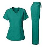 Dagacci Medical Uniform Women's Scrubs Set Stretch Ultra Soft Y-Neck Wrap Top and Pants Teal Green XL
