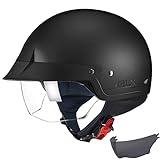 GLX M14 Cruiser Scooter Motorcycle Half Helmet with Free Tinted Retractable Visor DOT Approved (Matte Black, Large)