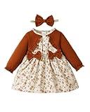 Newborn Baby Girl Dress Long Sleeve Brown Ruffle Floral Dresses Baby Girl Outfit Fall/Winter Causal Dress for Girls 6-9 Months 12 Months