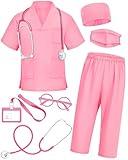 ICECUTE Doctor Scrubs for Kids,7 Pcs Scrubs Costume with Accessories, Halloween Costume for Boy Girls,3-11 Years (Pink, 7-8Years)