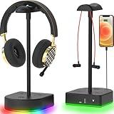 BGMUTCX RGB Headphone Stand with USB Charging Port or Hub, Desk Gaming Headset Holder, Durable Hanger Rack Suitable for Desktop Table, Game,Earphone, PC, Gamer Accessories (Black)